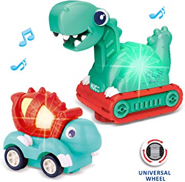 FunLittleToy 2 Pcs Dinosaur Cars, Dinosaur Vehicles Set, Electronic Bump and Go Cars with Sound, Din - steebieqa