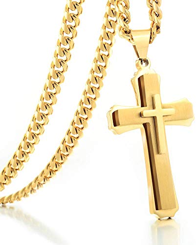 W&W Lifetime Stainless Steel Mens Womens Double Cross Necklace Lord's Prayer Pendant 24 inches, Gold - steebieqa