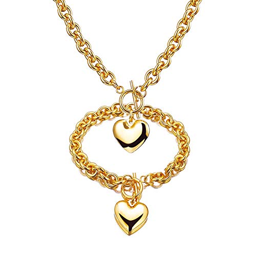 W/W Lifetime Heart Necklace + Heart Bracelet for Women Girls Hearts Pendant Toggle Charm Jewelry Set - steebieqa