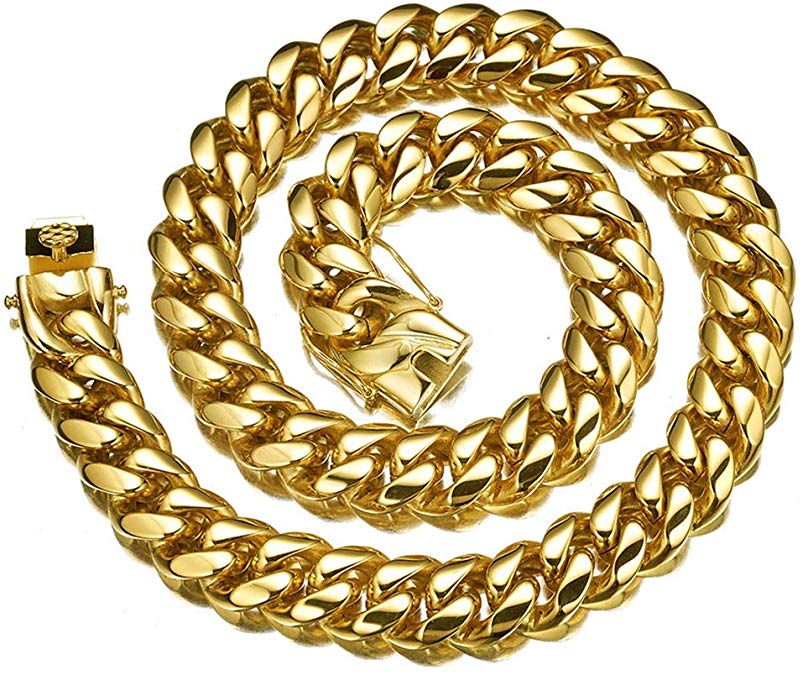 W&W Lifetime Cuban Link Chain for Men 18k Gold Stainless Steel Curb Necklace(14mm 30 inch) - steebieqa