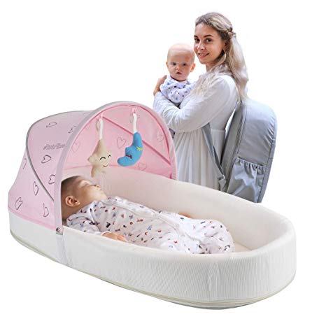 MTWML Baby Lounger Bed, Co Sleeping with 1 Canopy 1 Mosquito Net, a 5° Gentle Slope Mattress 2 Toys - steebieqa