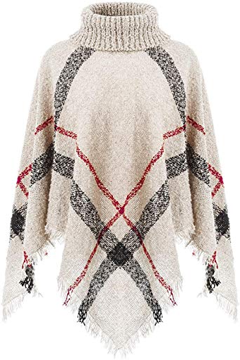 Women Knit Plaid Warm Winter Fringed Poncho Sweater Cardigan Coat Cape 5#Beige - steebieqa