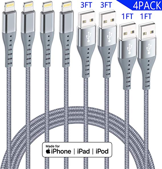 Apple MFi Certified XnewCable 4Pack(1ft 1ft 3ft 3ft) Lightning Cable iPhone Charger Nylon Braided Lo - steebieqa
