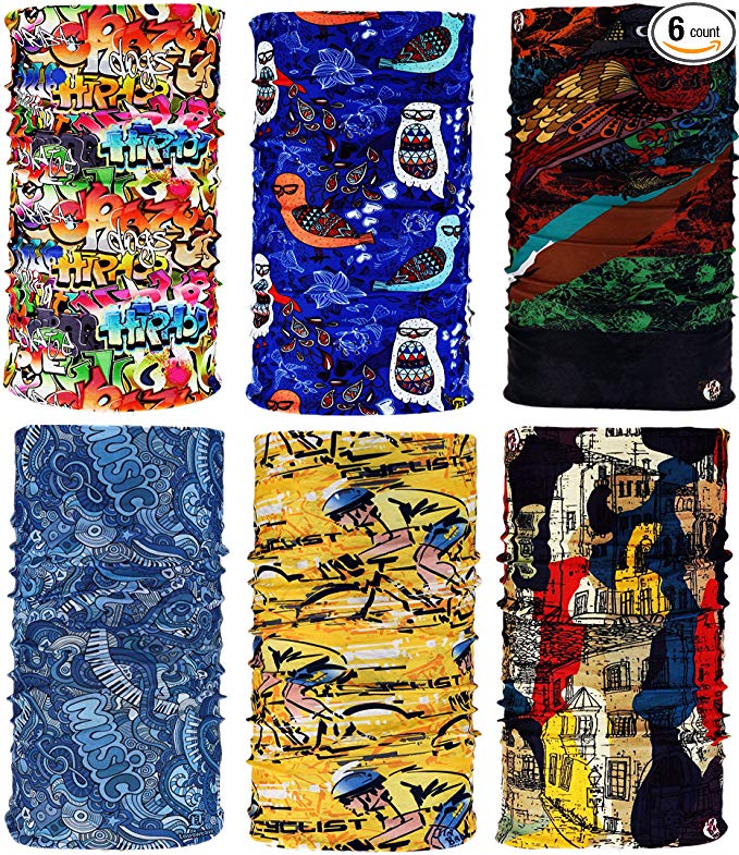 SmilerSmile 6pcs Assorted Seamless Outdoor Sport Bandanna Headwrap Scarf Wrap, 12 in 1 High Elastic - steebieqa