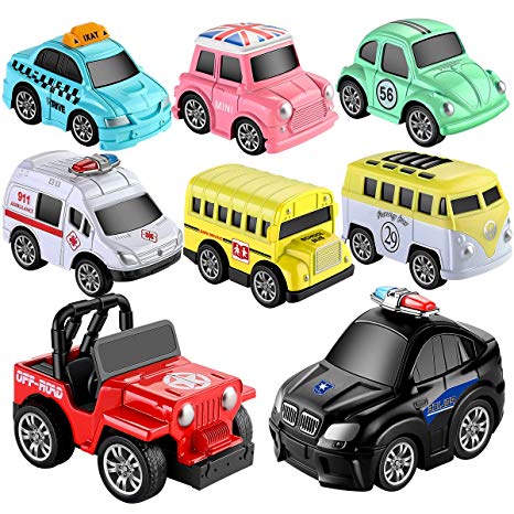 Toys Pull Back Vehicles, GEYIIE Go Car Toy Play Set, Friction Powered 8 Pack Mini Die Cast Toy Cars - steebieqa