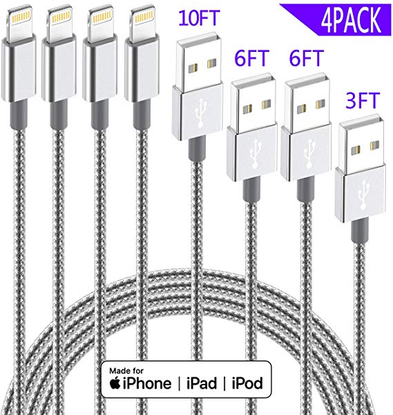 iPhone Lightning Cable Apple MFi Certified IDiSON 4Pack(10ft 6ft 6ft 3ft) Braided Nylon Fast Charger - steebieqa