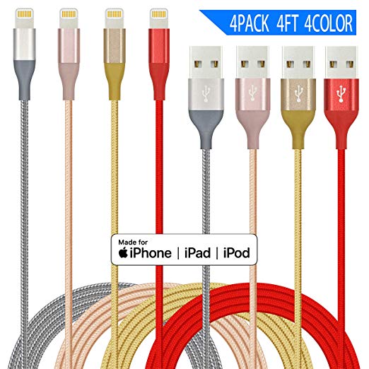 IDiSON 4Pack 4Color 4ft Apple MFi Certified iPhone Lightning Cable Braided Nylon Fast Charger Cable - steebieqa