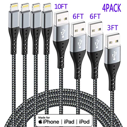 iPhone Lightning Cable IDiSON 4Pack(10ft 6ft 6ft 3ft) Apple MFi Certified Braided Nylon Fast Charger - steebieqa