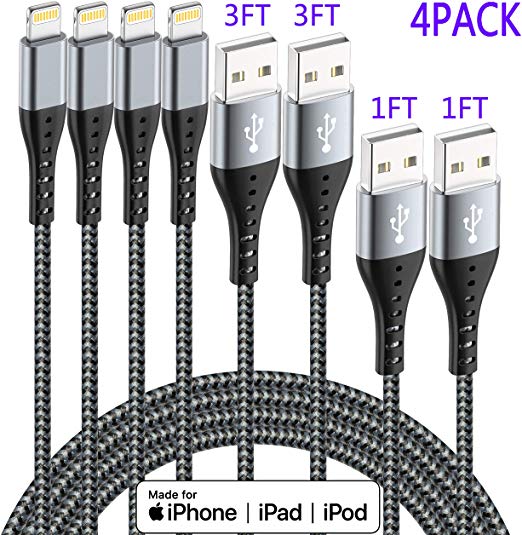 Apple MFi Certified IDiSON 4Pack(1ft 1ft 3ft 3ft) iPhone Lightning Cable Braided Nylon Fast Charger - steebieqa