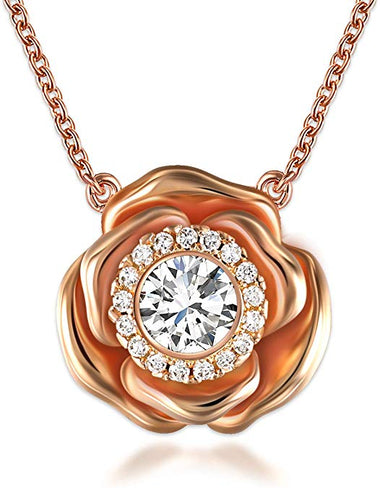 SNZM Rose Gold Necklace for Women Cubic Zirconia Christmas Rose Flower Pendant Necklace for Mom Girl - steebieqa