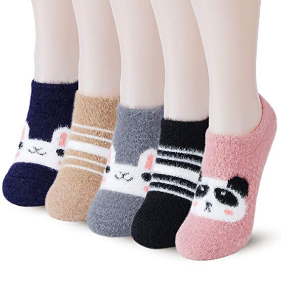 Slipper Socks for Women Anti-Slip 5 pairs Super Soft Warm Cozy with Cute Animal Low Cut Winter Fluff - steebieqa