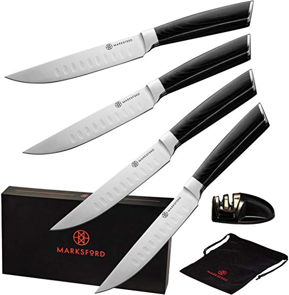 Steak Knives Set of 4 by MARKSFORD. Extremely Sharp 5 Inch Non Serrated Quality German Stainless Ste - steebieqa
